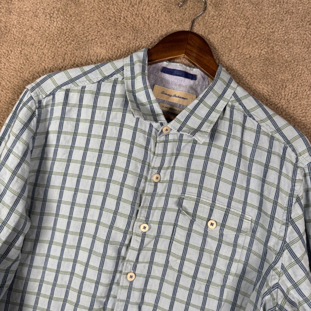 Tommy Bahama Button Down Shirt Mens XL Blue Plaid Linen Cotton Island Modern Fit